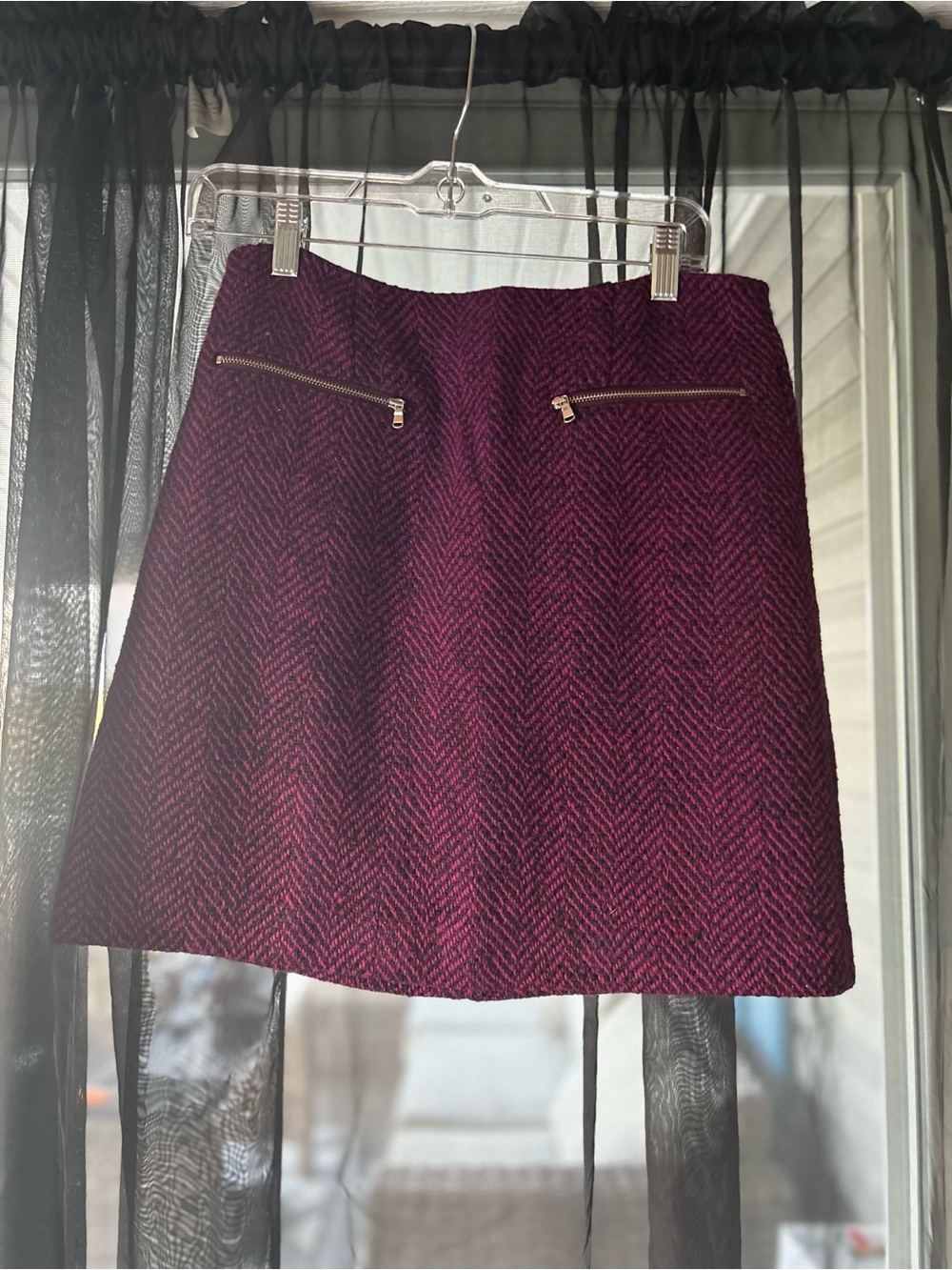 LOFT Burgundy Herringbone Mini Skirt with Gold Zippers